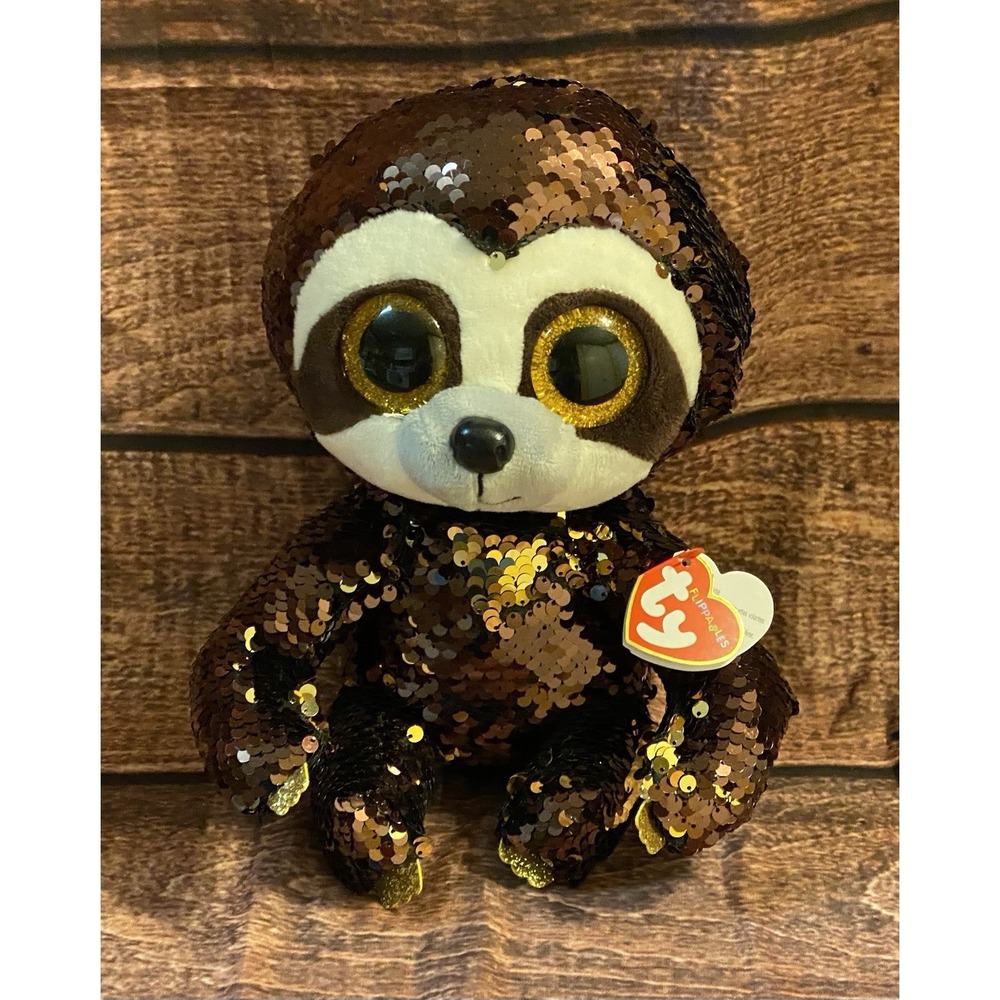 TY Flippables Dangler Sloth (9 Inch) Brown Sequin with Gold Sparkle Eyes & Feet